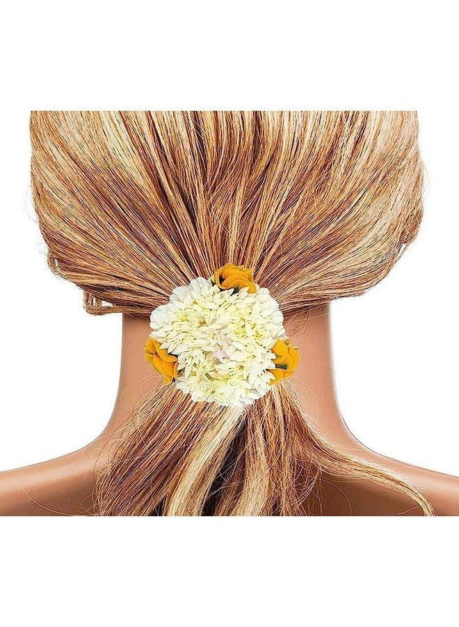 SUN Ring SUNRING White & Yellow Artificial Flower Hair Accessories, Mogra Scrunchies For Women, Hair Bun Accessories For Women, Gajra - Image 2