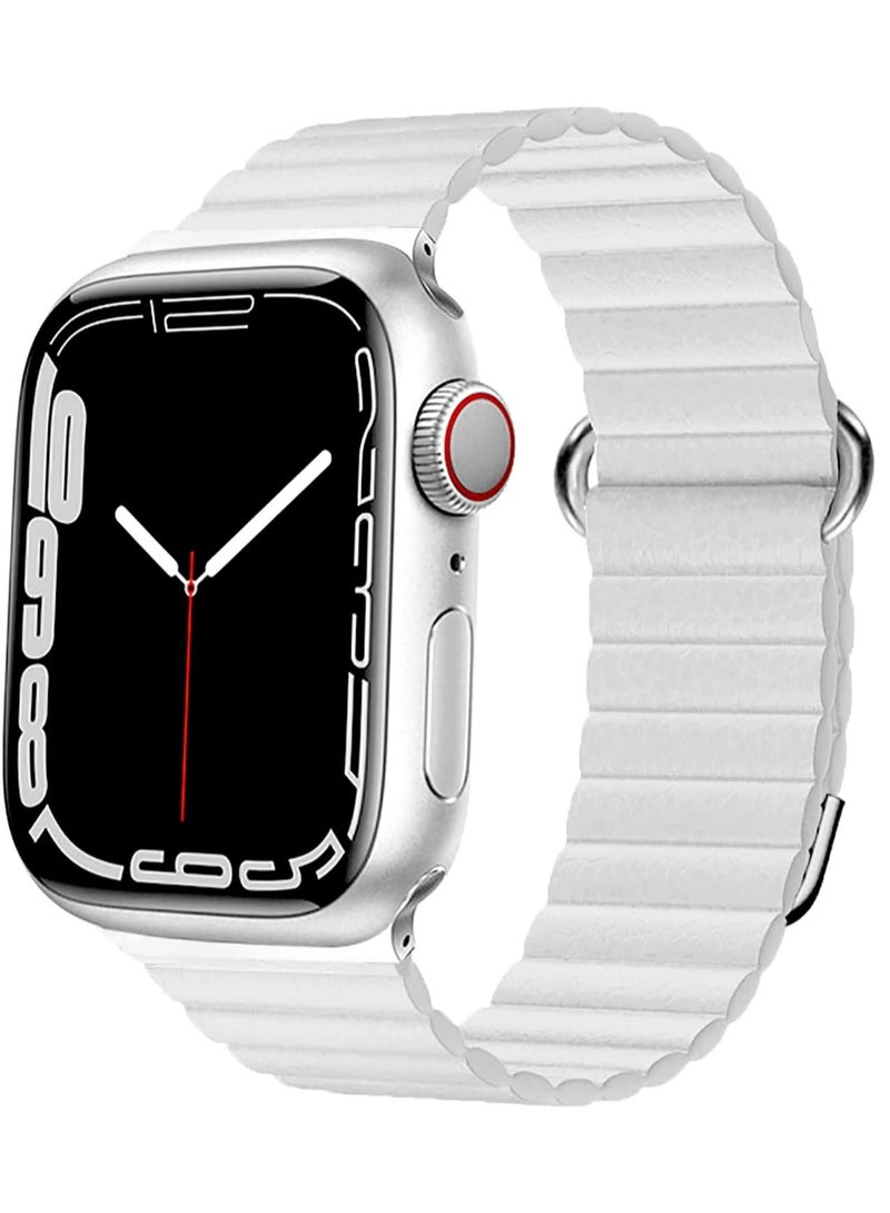 ELTRAZONE Magnetic Leather Loop Strap Watch Band for Apple Watch Ultra 49mm Series 8 45mm 44mm 42mm Leather Magnet Ultra Band Strap – White - Image 2