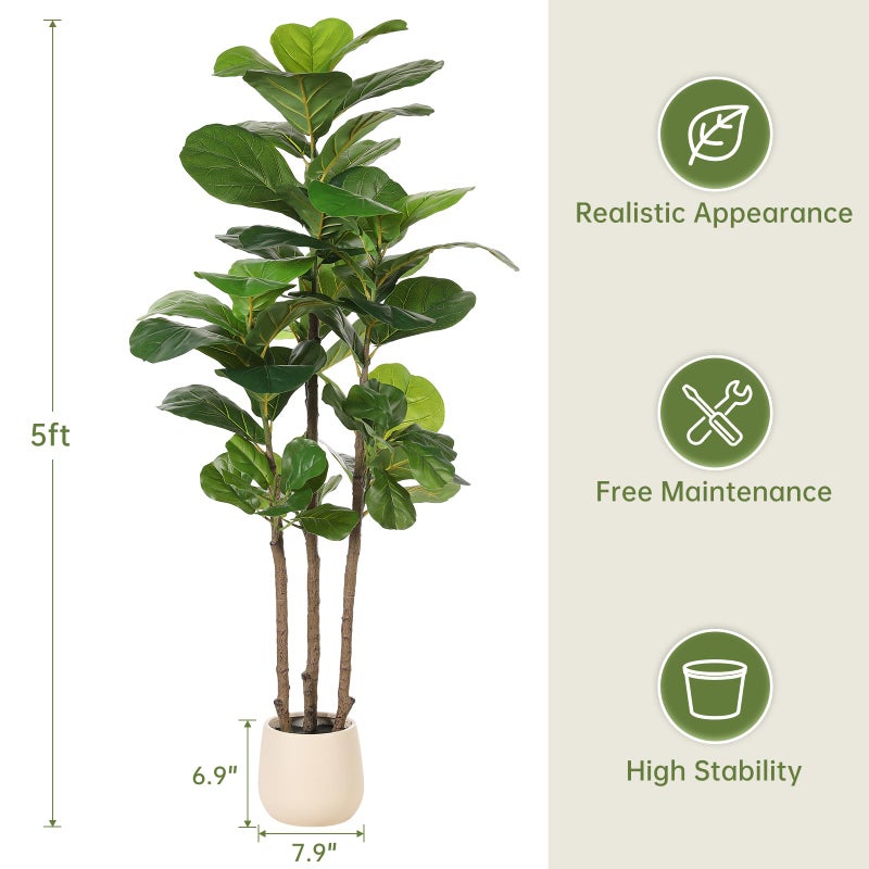 Realead Fiddle Leaf Fig Tree Artificial - 5ft Faux Fiddle Leaf Fig Tree with White Planter - Large Fig Tree Artificial with Natural Wood Trunk and Lifelike Leaves for Home Living Room Indoor Decor - Image 5