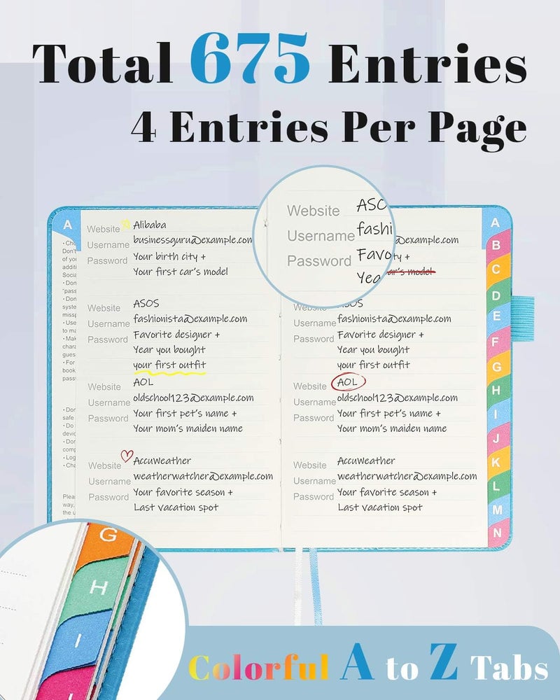hi!SCI Small Password Keeper Book with Colorful Alphabetical Tabs, Hardcover Password Log-book for Internet Password and Website Address, 4.1"Ã—6.2" Password Notebook for Home Office (Blue) - Image 3