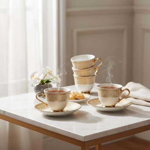 SkyKey Fine Bone China Indian Royal Look Golden Made Floral Printed Tea Cup and Saucer Set with Golden Handle- Pack of 6, (White, 180ML) - Image 3