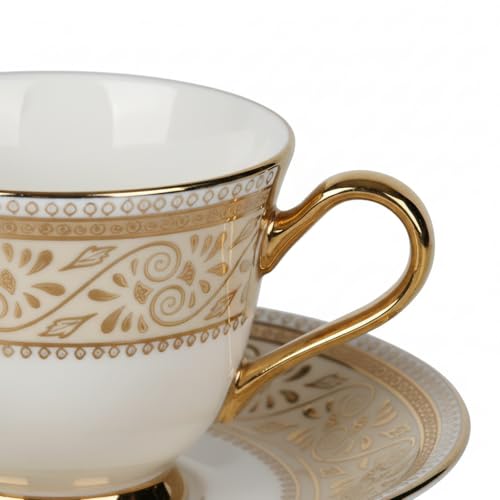 SkyKey Fine Bone China Indian Royal Look Golden Made Floral Printed Tea Cup and Saucer Set with Golden Handle- Pack of 6, (White, 180ML) - Image 2
