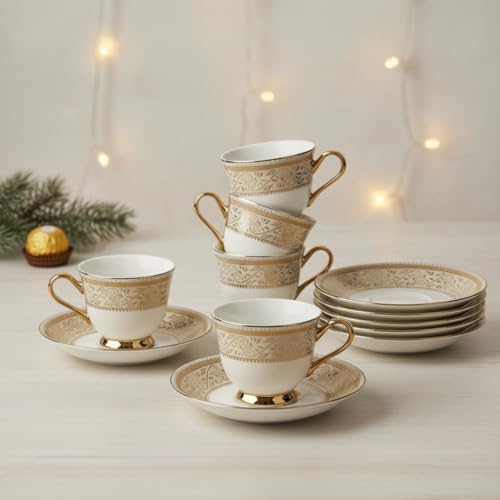 SkyKey Fine Bone China Indian Royal Look Golden Made Floral Printed Tea Cup and Saucer Set with Golden Handle- Pack of 6, (White, 180ML) - Image 1