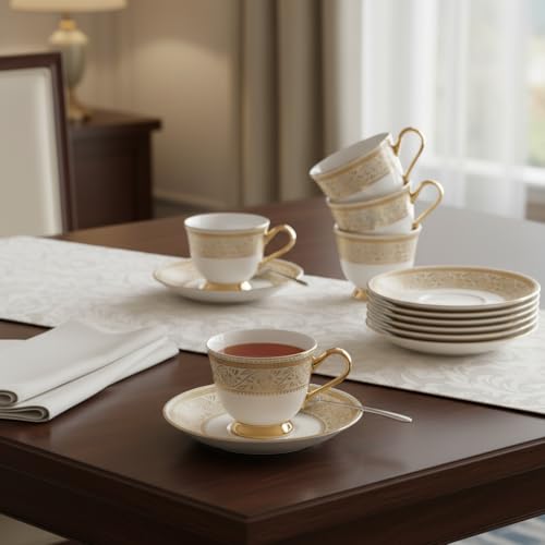 SkyKey Fine Bone China Indian Royal Look Golden Made Floral Printed Tea Cup and Saucer Set with Golden Handle- Pack of 6, (White, 180ML) - Image 4