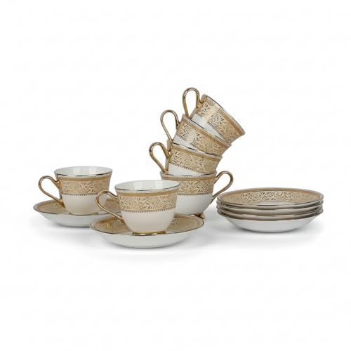 SkyKey Fine Bone China Indian Royal Look Golden Made Floral Printed Tea Cup and Saucer Set with Golden Handle- Pack of 6, (White, 180ML) - Image 5