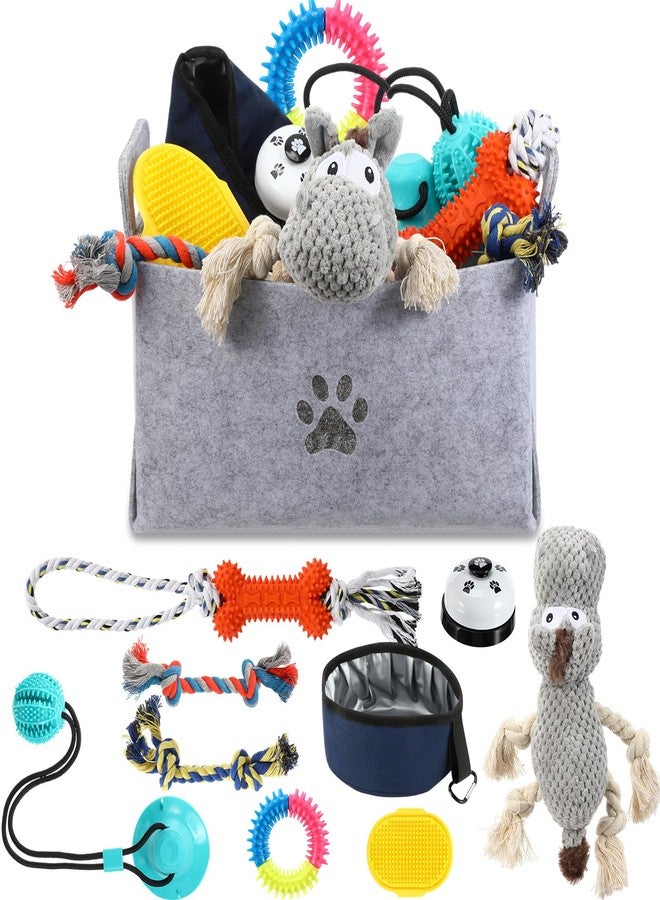 Zopeal New Puppy Gift Basket Dog Toy Pet Accessories Portable Travel Bowl, Grooming Brush, Squeaky Toy, Suction Cup Feeder, Chew Ropes, for Dog Birthday Gifts Puppy Necessities - Image 1
