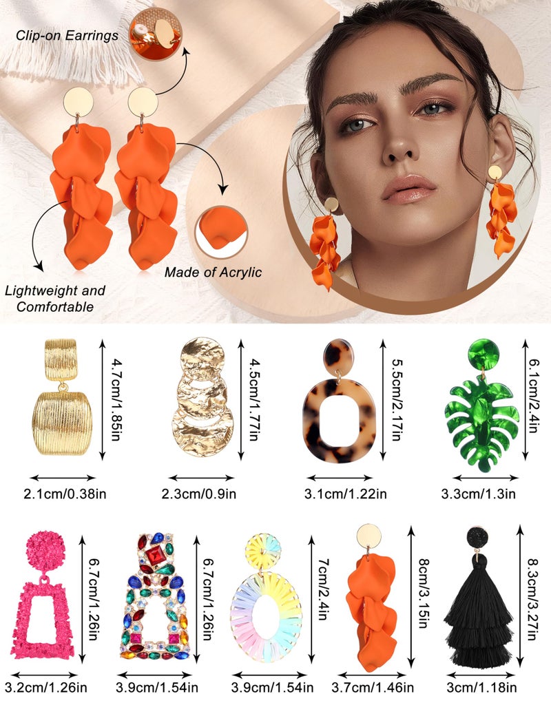 JeryWe 9 Pairs Clip on Earrings for Women Fashion Rattan Acrylic Tassel Drop Dangle Earrings Set Lightweight Geometric Statement Bohemian Clip Earrings for Non Piercied Pink - Image 2