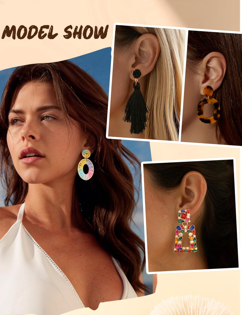 JeryWe 9 Pairs Clip on Earrings for Women Fashion Rattan Acrylic Tassel Drop Dangle Earrings Set Lightweight Geometric Statement Bohemian Clip Earrings for Non Piercied Pink - Image 5