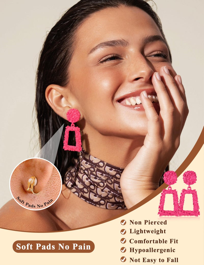 JeryWe 9 Pairs Clip on Earrings for Women Fashion Rattan Acrylic Tassel Drop Dangle Earrings Set Lightweight Geometric Statement Bohemian Clip Earrings for Non Piercied Pink - Image 4