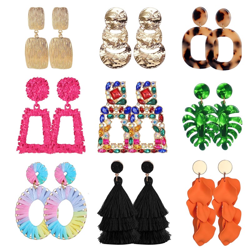 JeryWe 9 Pairs Clip on Earrings for Women Fashion Rattan Acrylic Tassel Drop Dangle Earrings Set Lightweight Geometric Statement Bohemian Clip Earrings for Non Piercied Pink - Image 1