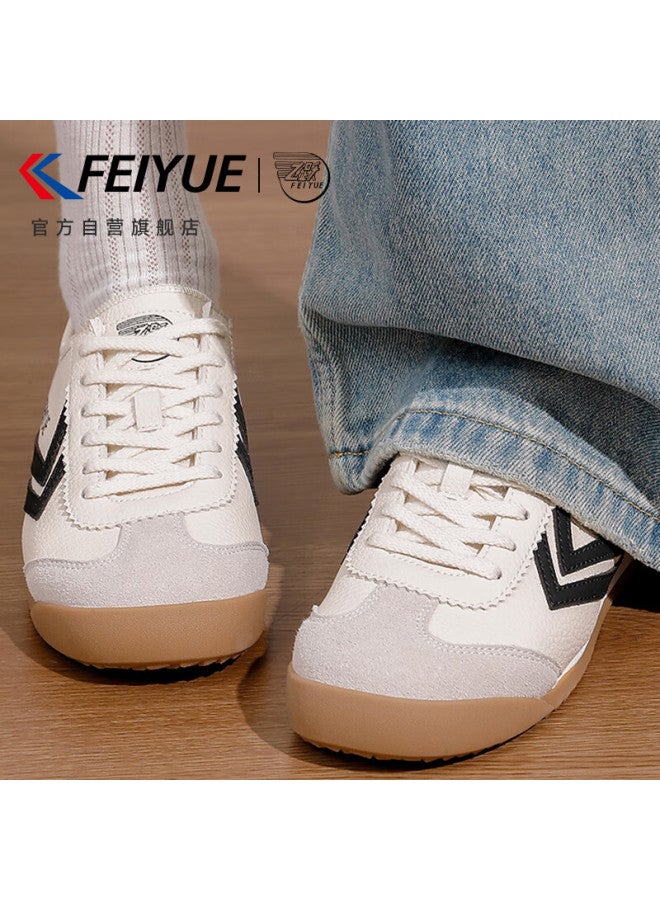 Feiyue Official Women's German Training Shoes Spring New Casual Versatile White Sneakers For Women, Beige Black Leather, Size 40