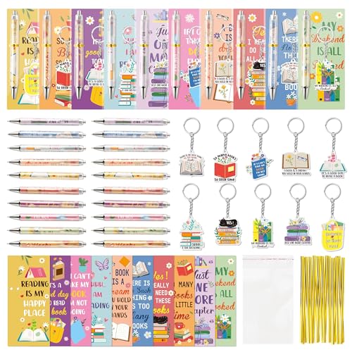 ANGOLIO Easter Spring Gift 230Pcs Book Lover Gifts for Women Inspirational Bookmarks Pens with Keychain Reading Accessories Bookish Gifts for Men Women Reader Office Librarian Club Birthday Supplies - Image 1