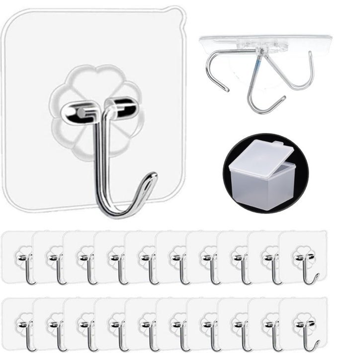 ADHESIVE HOOKS 20 PACKS 33LBS15KG PREMIUM HEAVY DUTY WALL CEILING HOOKS FOR HANGING DAMAGE FREE CLEAR STICKY HANGER FOR KITCHEN BATHROOM SHOWER OUTDOOR USE