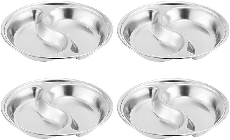 Hemoton 4 Pcs Soy Sauce Dish Stainless Steel Divided Dip Bowls Korean 2 Compartment Sauce Plate Seasoning Dipping Condiment Tray for BBQ Vinegar Spice Salt Sugar Flavor Home Restaurant Silver - Image 2