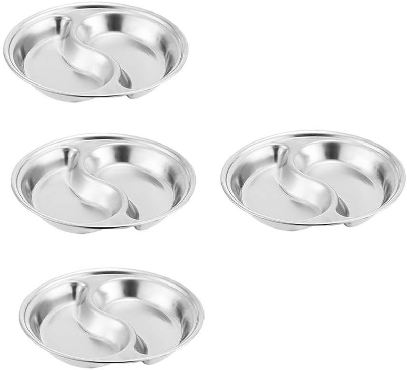 Hemoton 4 Pcs Soy Sauce Dish Stainless Steel Divided Dip Bowls Korean 2 Compartment Sauce Plate Seasoning Dipping Condiment Tray for BBQ Vinegar Spice Salt Sugar Flavor Home Restaurant Silver - Image 1
