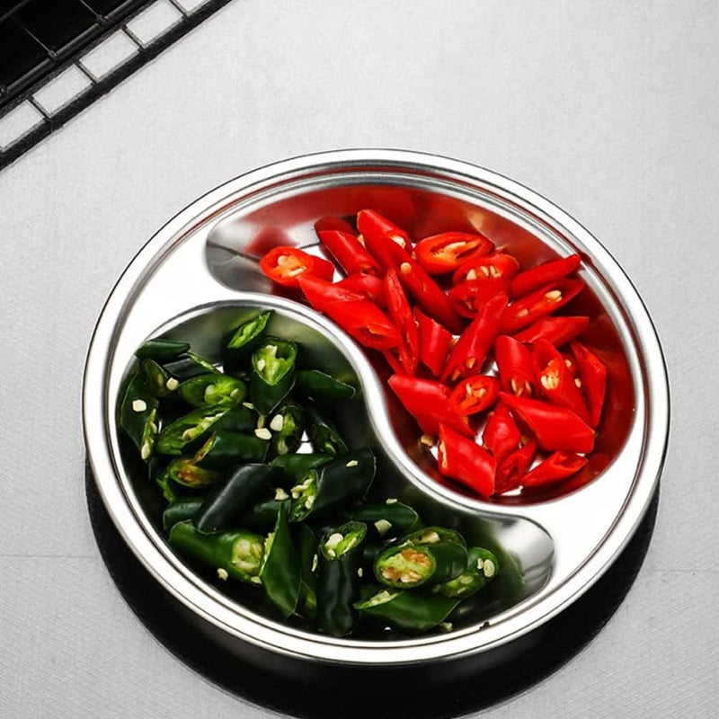 Hemoton 4 Pcs Soy Sauce Dish Stainless Steel Divided Dip Bowls Korean 2 Compartment Sauce Plate Seasoning Dipping Condiment Tray for BBQ Vinegar Spice Salt Sugar Flavor Home Restaurant Silver - Image 5