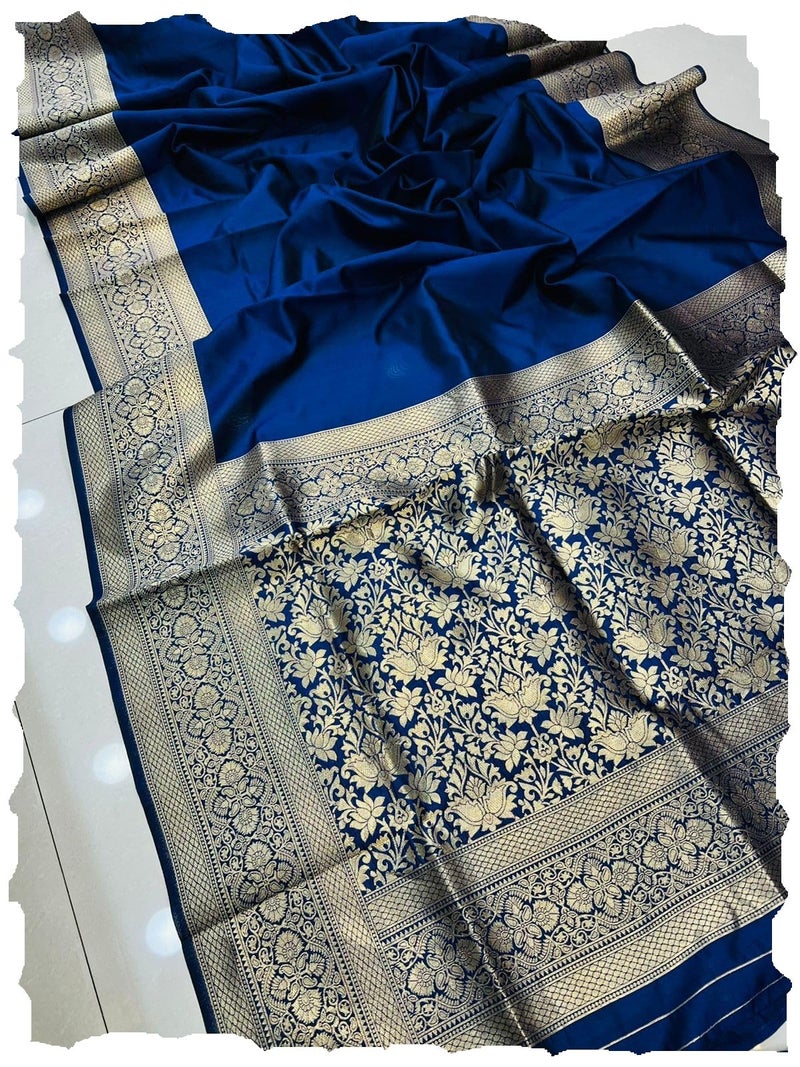AMIRAT women's banarasi silk saree | Silk Plan Saree Zari Border With Blouse Piece (Blue) - Image 1