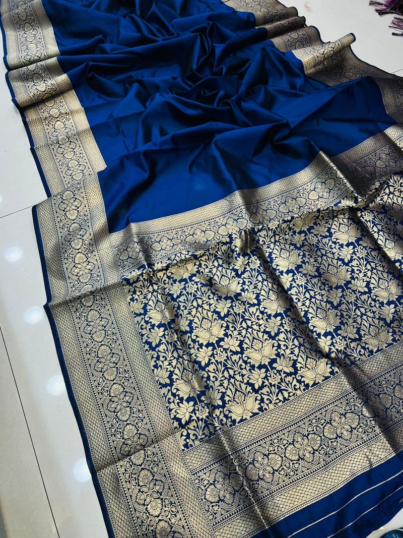 AMIRAT women's banarasi silk saree | Silk Plan Saree Zari Border With Blouse Piece (Blue) - Image 2