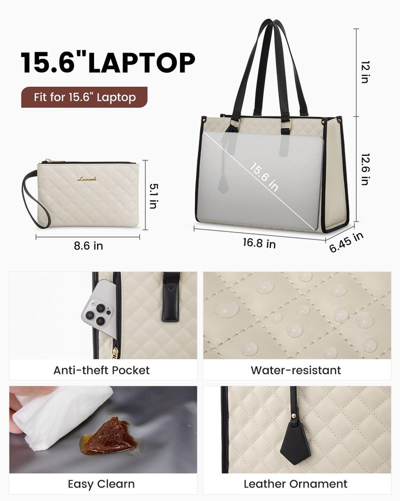 LOVEVOOK Lunch Tote Bag for Women, 15.6 Inch Laptop Bag with Insulated Lunch Compartment, Quilted Large Capacity Computer Handbag with Purse for Business, Work, Collage, Office, Casual, Beige-black - Image 3
