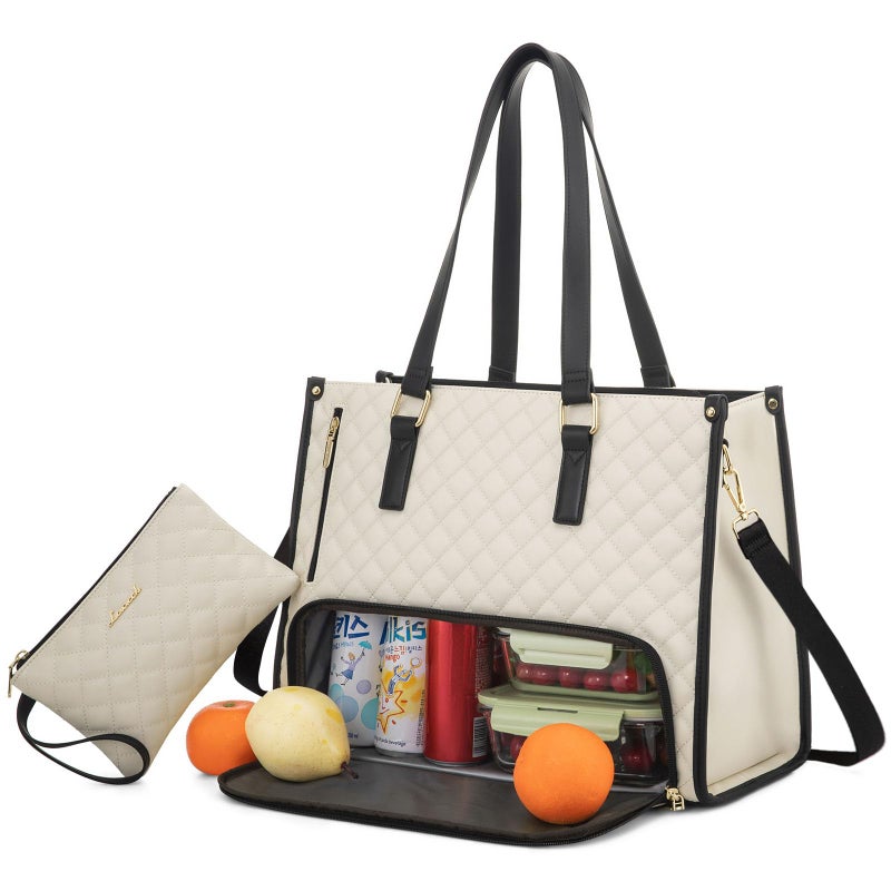 LOVEVOOK Lunch Tote Bag for Women, 15.6 Inch Laptop Bag with Insulated Lunch Compartment, Quilted Large Capacity Computer Handbag with Purse for Business, Work, Collage, Office, Casual, Beige-black - Image 1