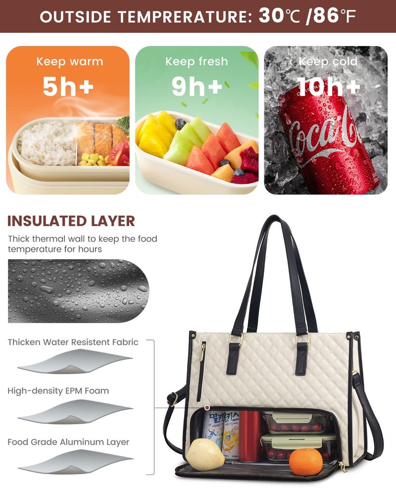 LOVEVOOK Lunch Tote Bag for Women, 15.6 Inch Laptop Bag with Insulated Lunch Compartment, Quilted Large Capacity Computer Handbag with Purse for Business, Work, Collage, Office, Casual, Beige-black - Image 2