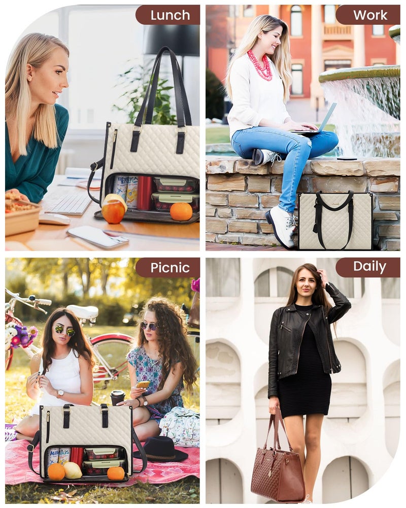 LOVEVOOK Lunch Tote Bag for Women, 15.6 Inch Laptop Bag with Insulated Lunch Compartment, Quilted Large Capacity Computer Handbag with Purse for Business, Work, Collage, Office, Casual, Beige-black - Image 5