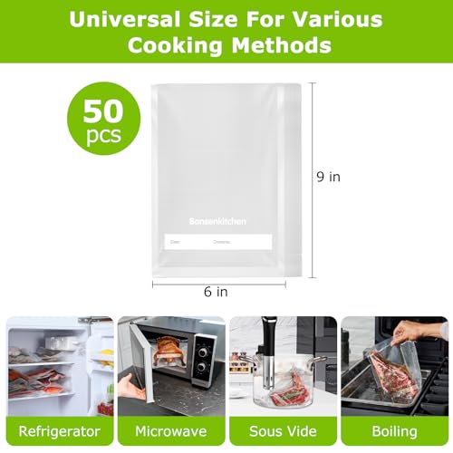 Bonsenkitchen Precut Vacuum Sealer Bags, 50 Pint 6" x 9" Food Sealer Bags, Food Grade, BPA Free, Heavy Duty, Customized Size Vacuum Bags for Vac Storage, Meal Prep or Sous Vide Cooking, VB10 - Image 2