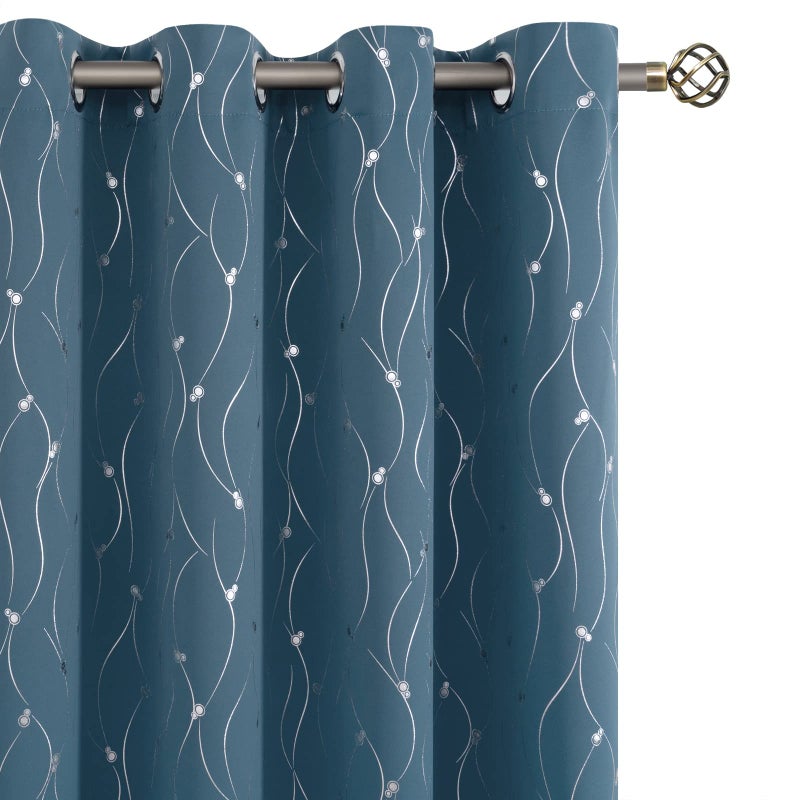 BGment Room Darkening Curtains 63 Inches Long Grommet Thermal Insulated Blackout Curtains with Wave Line and Dots Printed for Bedroom 2 Panels Each 52 x 63 Inch Steel Blue