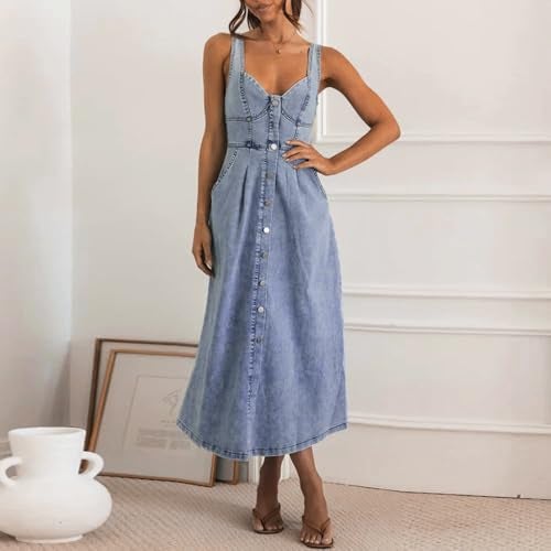 utcoco Denim Dress for Women Sleeveless Button Down Slim Fit Midi Jean Dresses for Women 2026 (Small, Blue) - Image 5