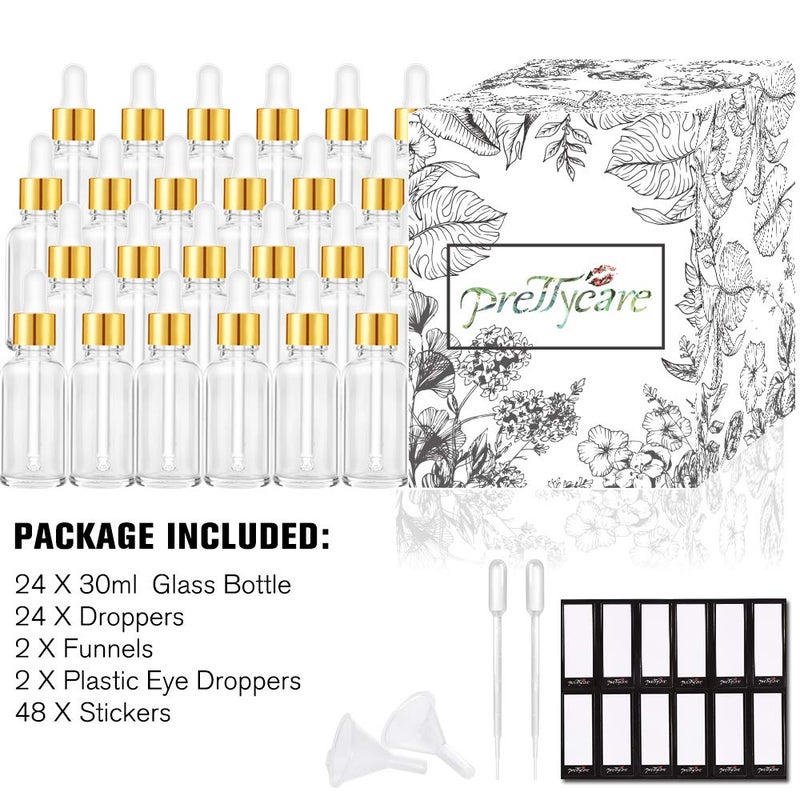 PrettyCare زجاجات قطارة العين 24 عبوة، 1 أونصة (30 مل) زجاجية فارغة سميكة بالجملة مع أغطية ذهبية مانعة للتسرب - مع ملصقات وقمع للتخزين والسفر والزيوت الأساسية وزيوت الجلد والتسريب. - Image 2