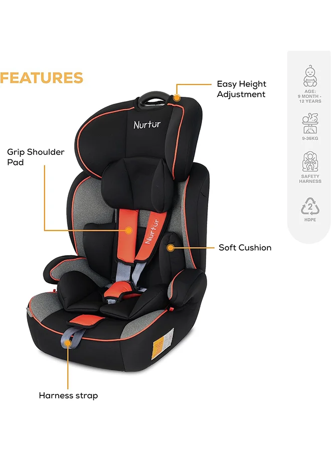 Nurtur All-in-one Ragnar Convertible Car Seat, ultra-slim design with Rear-Facing, Forward-Facing, and Belt-Positioning Booster (Group 1/2/3), Upto 36kg - Black / Orange