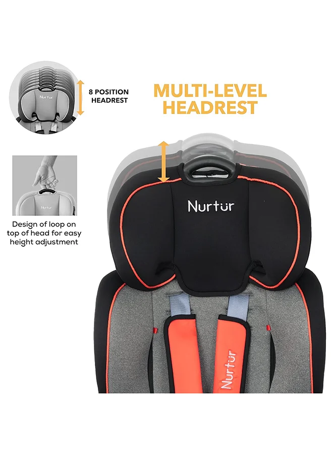 Nurtur All-in-one Ragnar Convertible Car Seat, ultra-slim design with Rear-Facing, Forward-Facing, and Belt-Positioning Booster (Group 1/2/3), Upto 36kg - Black / Orange
