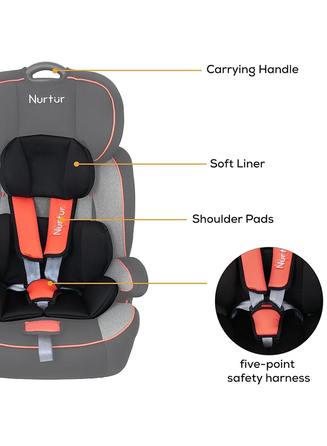 Nurtur All-in-one Ragnar Convertible Car Seat, ultra-slim design with Rear-Facing, Forward-Facing, and Belt-Positioning Booster (Group 1/2/3), Upto 36kg - Black / Orange