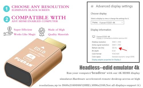 FUERAN HDMI 2.1 Dummy Plug 4K@120Hz Virtual Display Emulator, Headless Adapter, HDMI Display Adapter, Supports 3840x2160@120Hz, 1440P@120Hz, 1080P@120Hz, EDID Emulator for GPU/Remote Desktop - Image 4