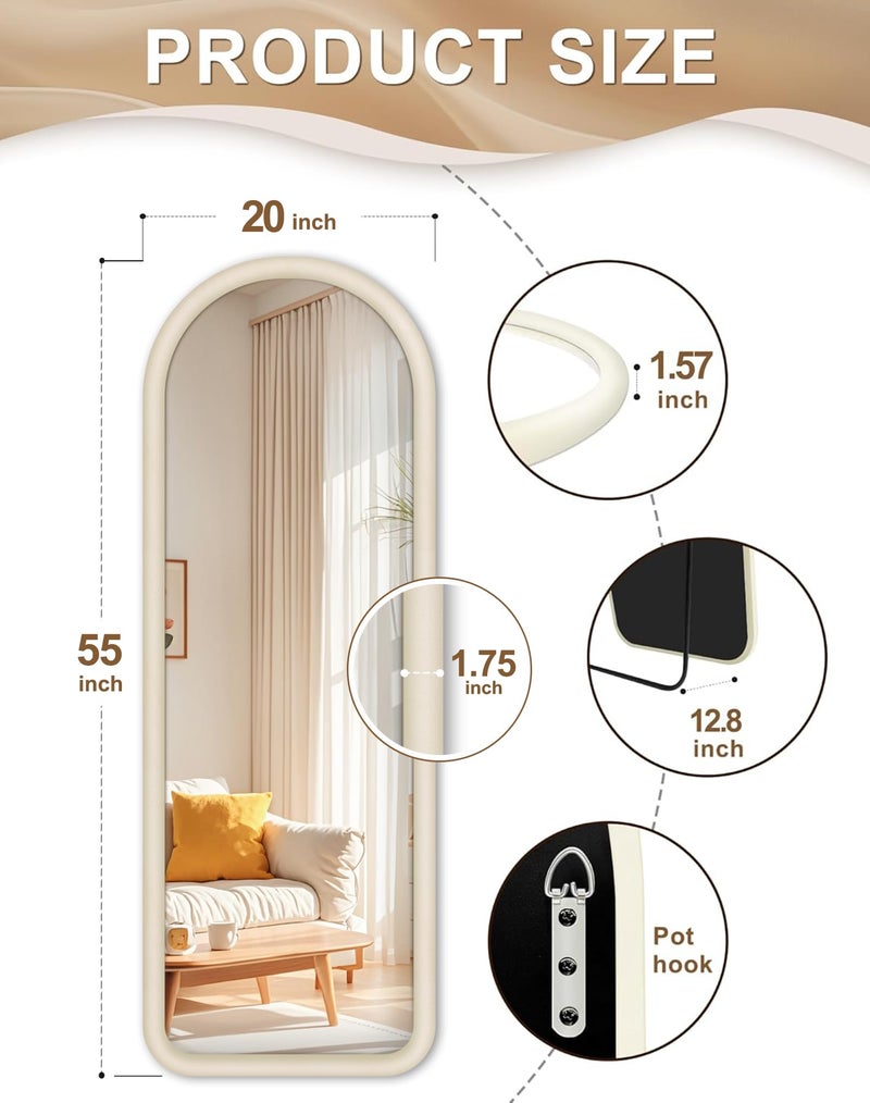 Delma Arched Full Length Mirror, Free Standing Floor Velvet Finish Frame Mirror for Leaning or Hanging, Soft Touch Bedroom & Living Room Decor, Cream White - Image 3