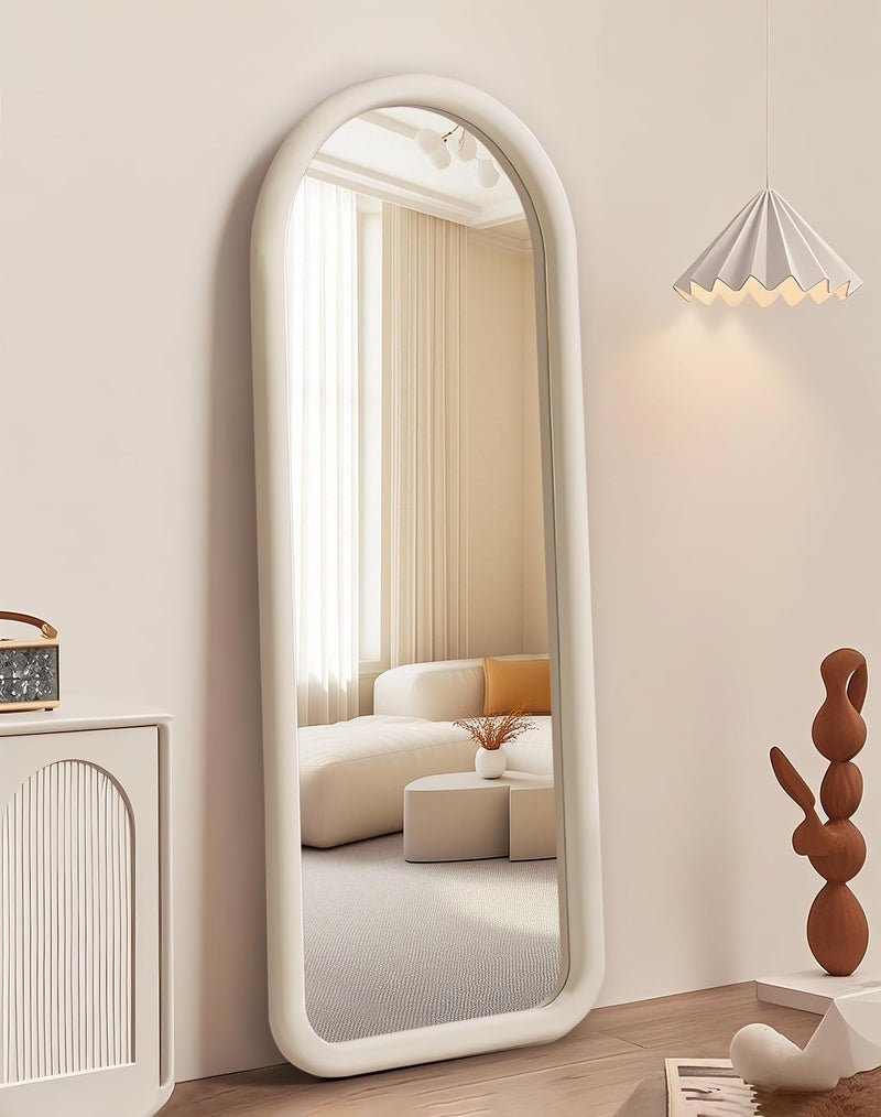 Delma Arched Full Length Mirror, Free Standing Floor Velvet Finish Frame Mirror for Leaning or Hanging, Soft Touch Bedroom & Living Room Decor, Cream White - Image 1