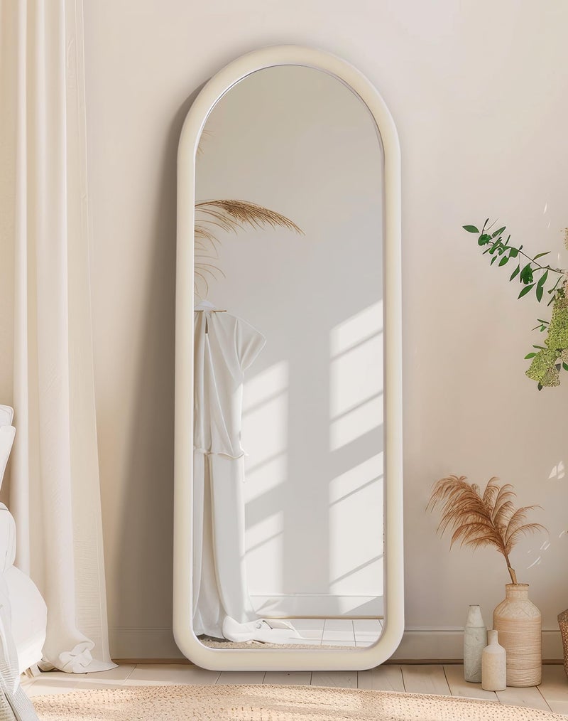 Delma Arched Full Length Mirror, Free Standing Floor Velvet Finish Frame Mirror for Leaning or Hanging, Soft Touch Bedroom & Living Room Decor, Cream White - Image 2