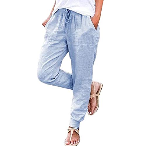 Puimentiua Womens Tapered Pants Cotton Linen Drawstring Back Elastic Waist Pants Casual Trousers with Pockets Light Blue - Image 1