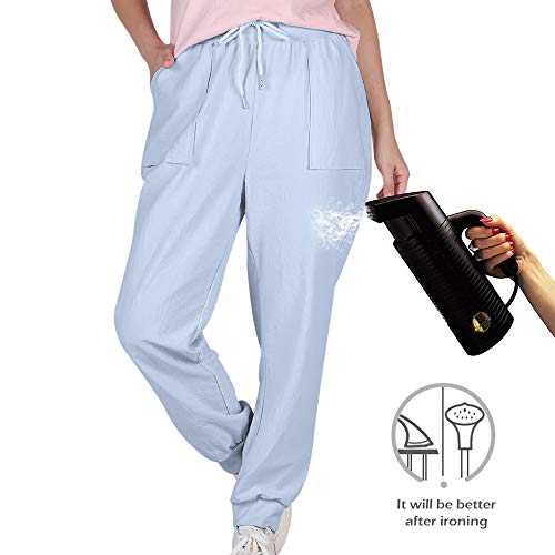 Puimentiua Womens Tapered Pants Cotton Linen Drawstring Back Elastic Waist Pants Casual Trousers with Pockets Light Blue - Image 5