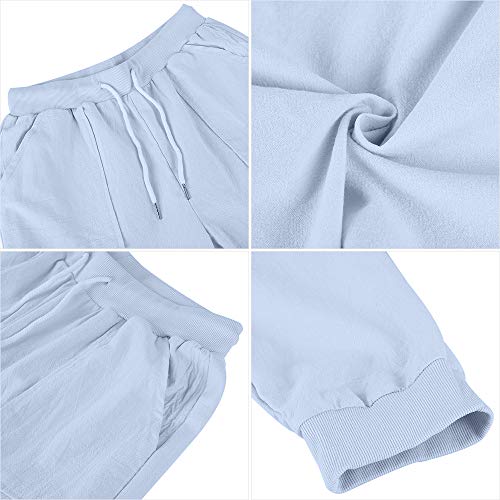 Puimentiua Womens Tapered Pants Cotton Linen Drawstring Back Elastic Waist Pants Casual Trousers with Pockets Light Blue - Image 2