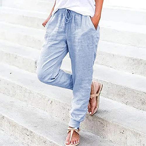 Puimentiua Womens Tapered Pants Cotton Linen Drawstring Back Elastic Waist Pants Casual Trousers with Pockets Light Blue - Image 3