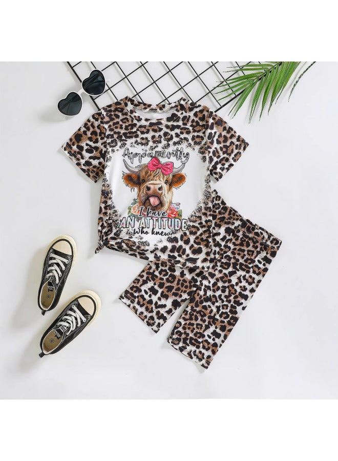 Baby Girl Summer Cartoon Head Leopard Print Short-sleeved Top Two-piece Suit Fashion