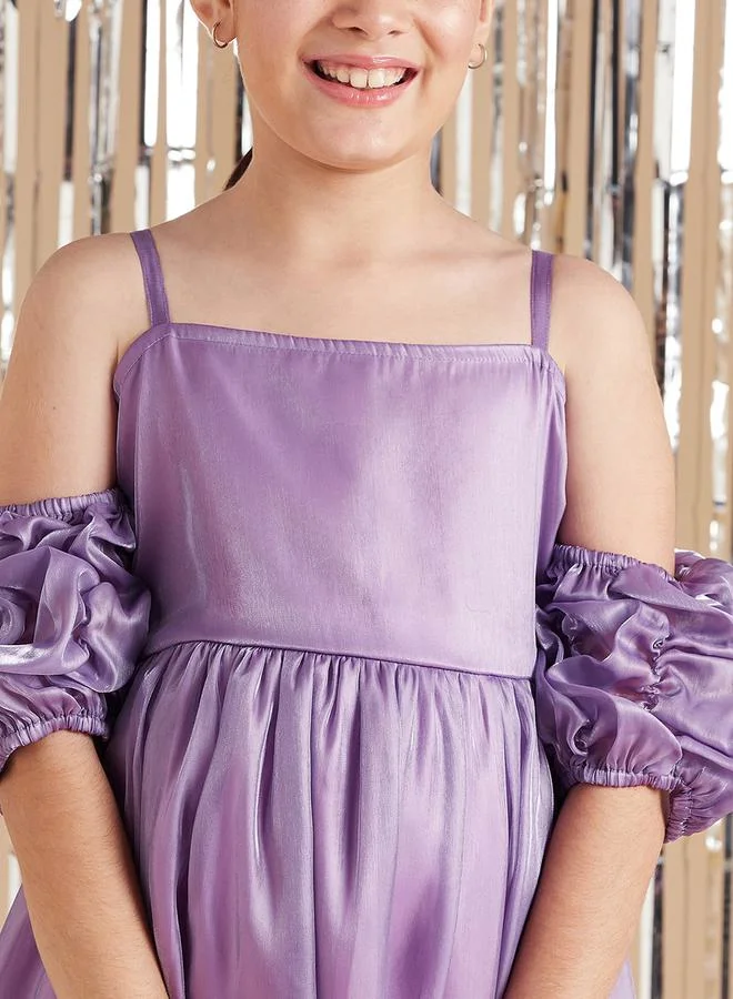 Styli Solid A-Line Knee Length Dress with Cold Shoulder Sleeves