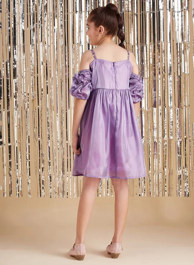 Styli Solid A-Line Knee Length Dress with Cold Shoulder Sleeves