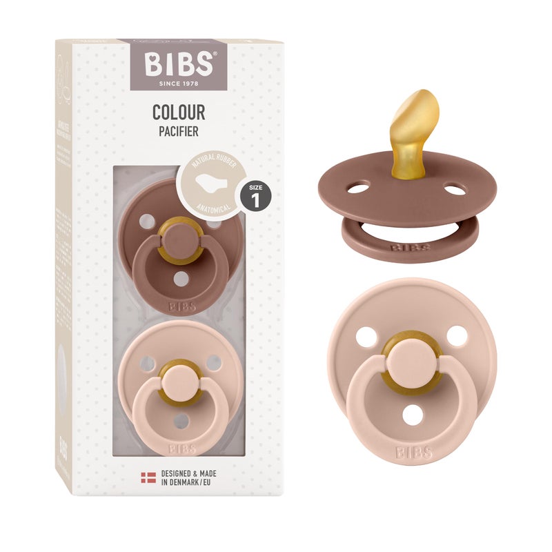 BIBS Pacifiers - Set of 2 | Colour Pacifier with Anatomical Nipple | BPA-Free Natural Rubber | Made in Denmark | Blush/Woodchuck, 0-6 Months - Image 1