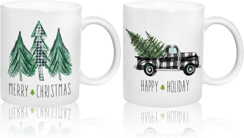 Whaline 2Pcs Christmas Mug Set 12oz Watercolor Plaid Xmas Tree Truck Coffee Mug Ceramic Party Cups for Home School Office Housewarming Gift - Image 1
