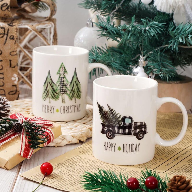 Whaline 2Pcs Christmas Mug Set 12oz Watercolor Plaid Xmas Tree Truck Coffee Mug Ceramic Party Cups for Home School Office Housewarming Gift - Image 5