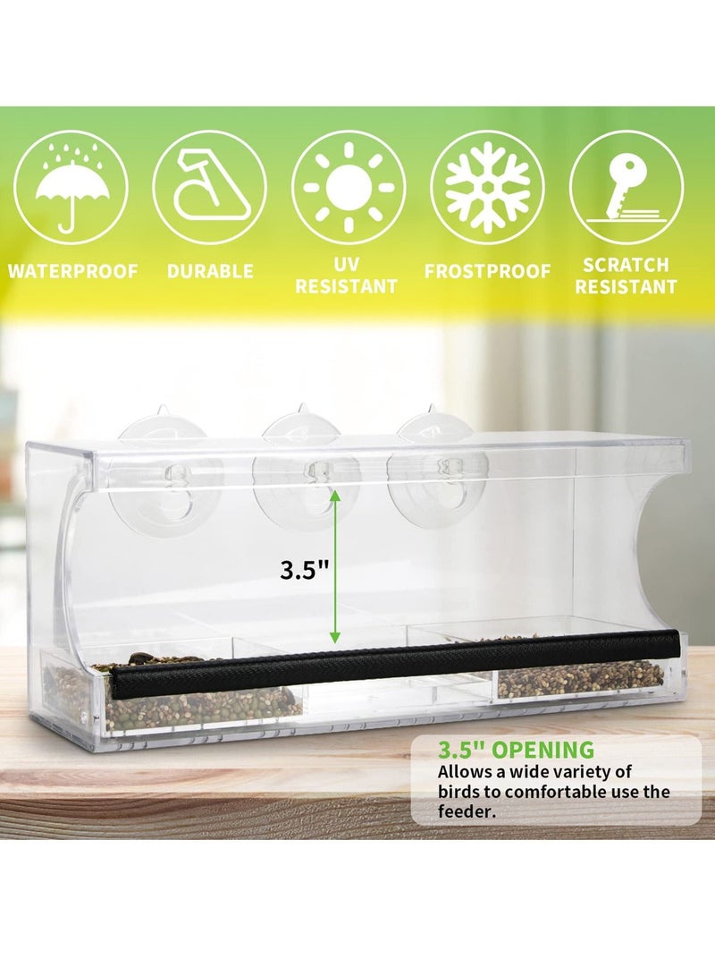 KASTWAVE Clear Window Tray Bird Feeder, Squirrel Proof Window Weatherproof Outdoor Bird Feeders with 3 Section Tray and Roof Cover, Hangout Clear Bird House, Large Outside Hanging Birdhouse. - Image 5