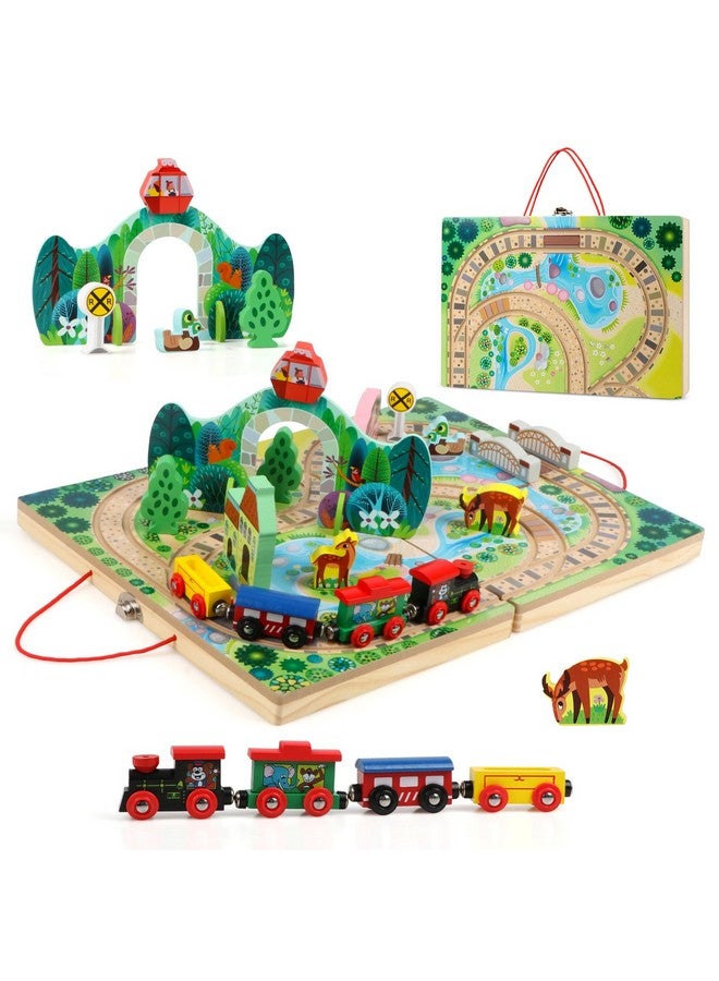 Joqutoys 18 Piece Train Set for Toddlers, Wooden Take-Along Tabletop Railroad for Kids Age 3+, Portable Durable Train Tracks Train Toys with 4 Trains, Bridge, Play Pieces - Image 1