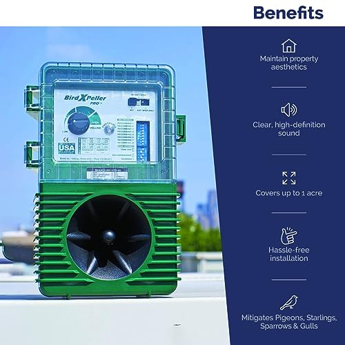 Bird-X جهاز BirdXPeller Pro الإلكتروني لطرد الطيور - الإصدار 1، جهاز تقليد صوتي للطيور، مثالي للحمام، النجوم، العصافير، والطيور البحرية، يغطي حتى 1 فدان، تردد 3-5 كيلوهرتز - Image 5